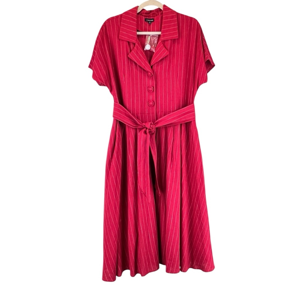 NWOT J. Peterman Pinstripe Button Down Linen Blend Shirtdress Pinup Style Red 12